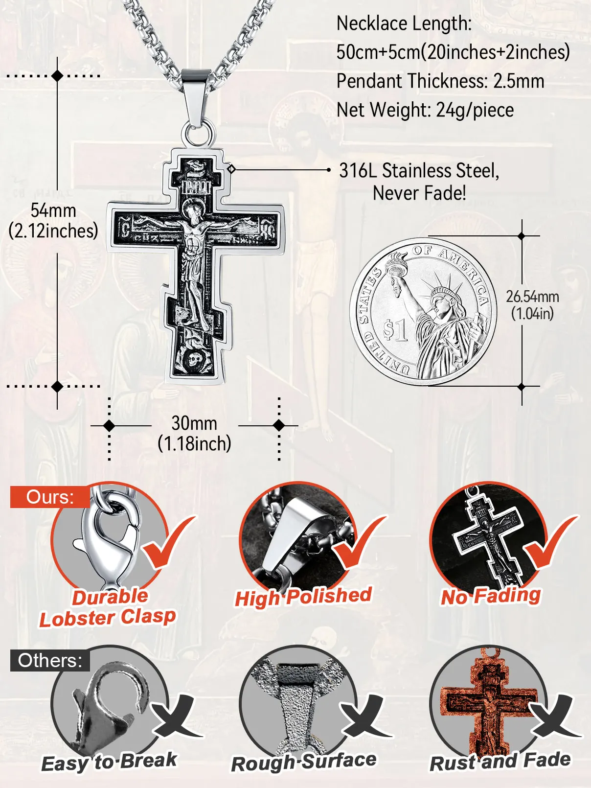 U7 Stainless Steel Orthodox Necklaces Jesus Russian Eastern Cross Crucifix Pendant Retro Vintage Unisex Jewelry Gift Choice Sale
