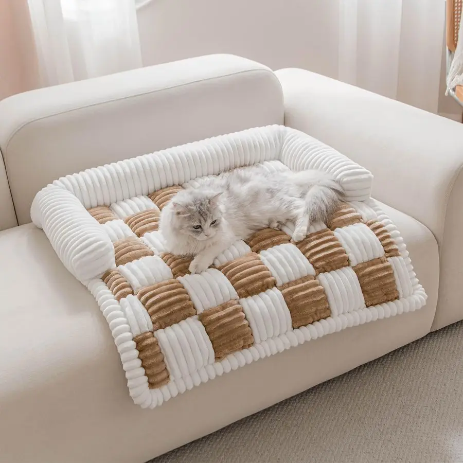 

Covers for Dogs and Cats, Fuzzy Dog Sofa bed with Cream Square Plaid, Plush Pet Couch Cover Bed, Thickened Quilted Furniture Pro