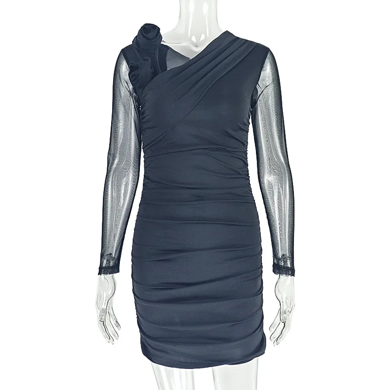 Fiori 3D Sheer Mesh Patchwork Increspato Aderente Mini Abito Donna Sexy Colletto Irregolare Manica Lunga Guaina Clubwear Streetwear