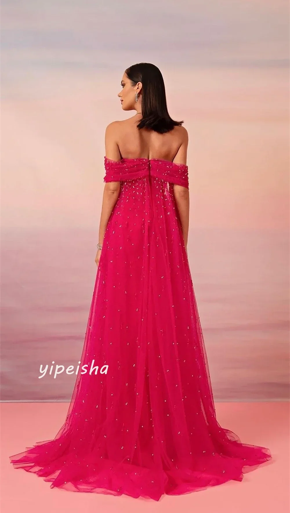 Evening Jersey Sequined Ruched Beach A-line Off-the-shoulder Bespoke Occasion Gown Long Dresses Classic Modern Style Elegant