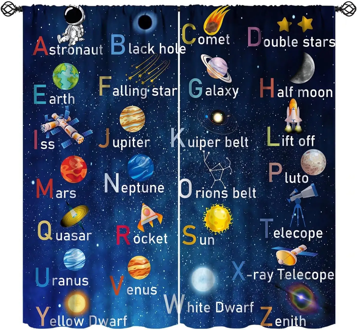 ABC Alphabet Curtains, Kid Outer Space Alphabet Cute Cartoon Universe Planet Funny Child Educational Learning Window Treatments