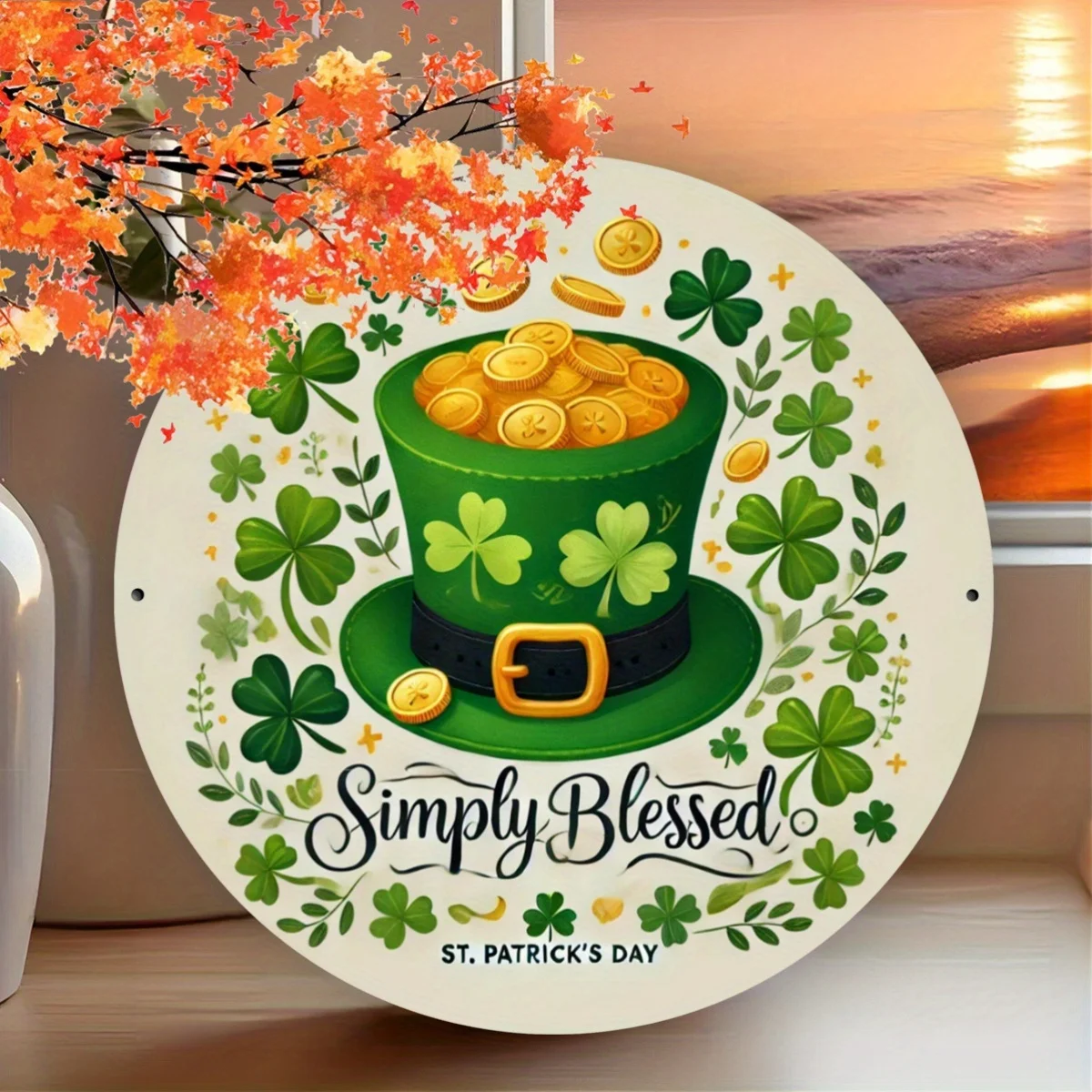 St. Patrick's Day Metal Wall Decor, Iron Round 8-Inch Sign with Leprechaun Hat & Shamrock, Simply Blessed Garden Art for Living