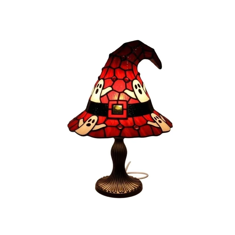 Portable Witch Hat Lamp USB Powered LED Warm Light Halloween Table Lamp Stained Glass Multifunctional Gothic Night Light
