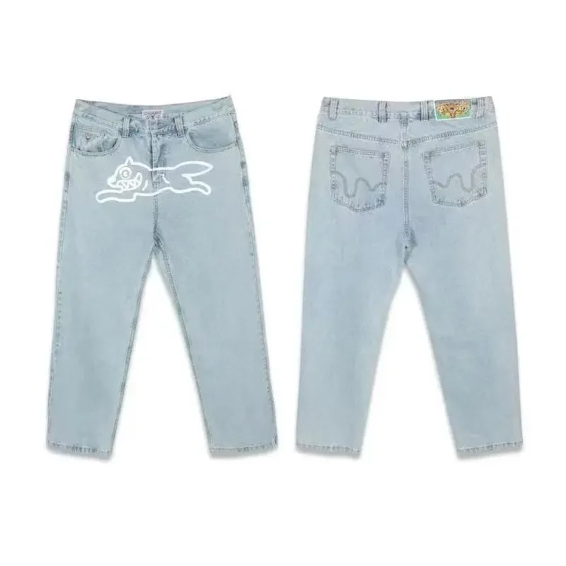 American retro high street flying dog loose version wide leg jeans trendy high street washed denim trousers skinny jeans men