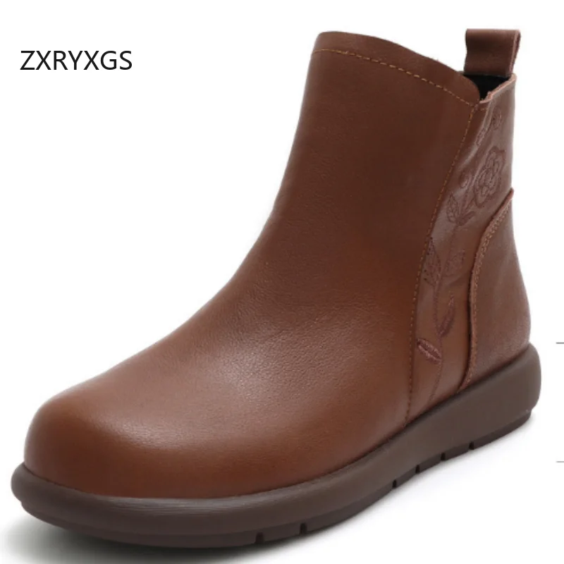 

ZXRYXGS New Fashion Real Leather Single Boots Flats 2025 Top Cowhide with Velvet Winter Boots Sniw Shoes Warm Women Ankle Boots