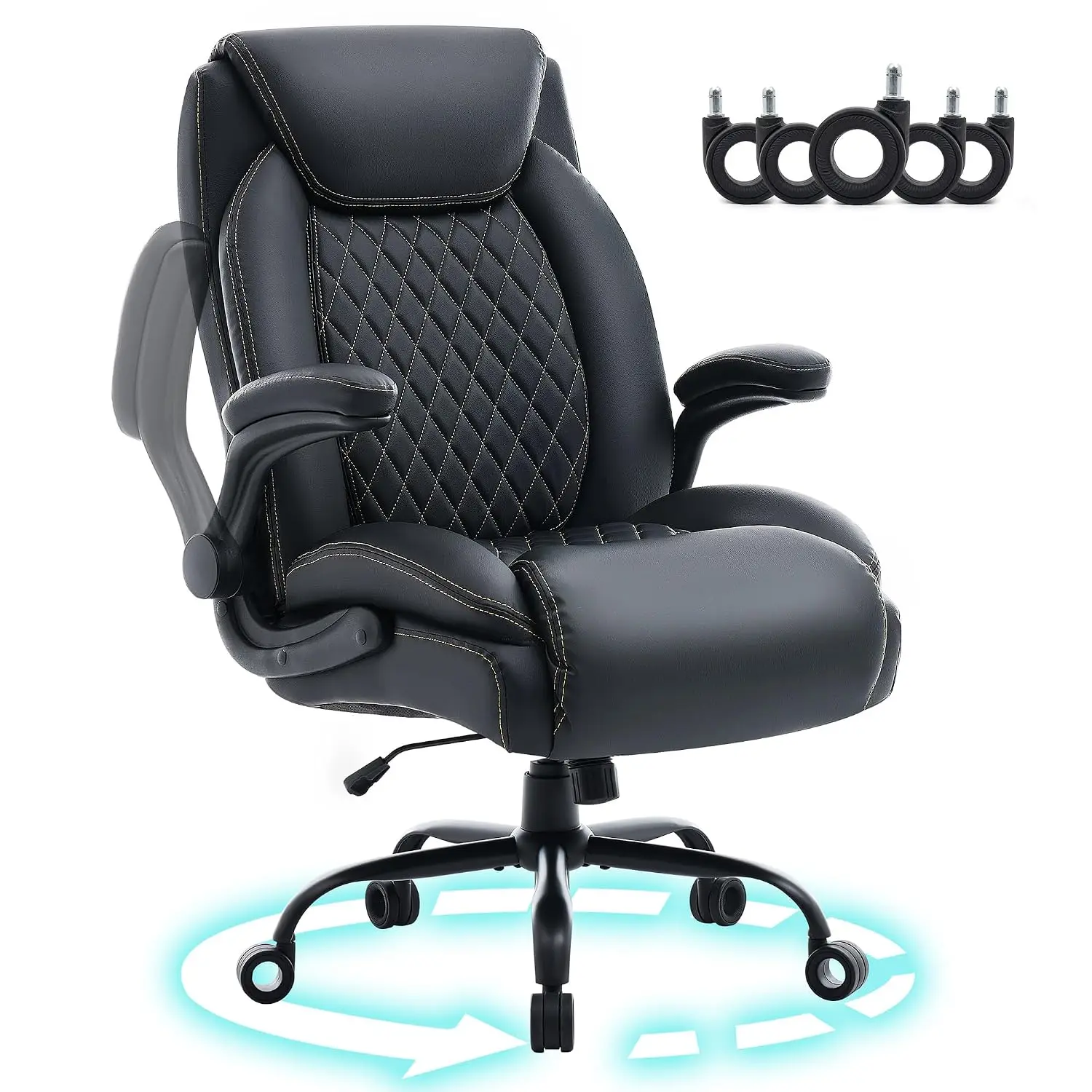 Big and Tall Office Chair 600lbs, Heavy Duty Ergonomic Executive Desk with Adjustable Armrests, Wide Seat, PU Leather Fabric