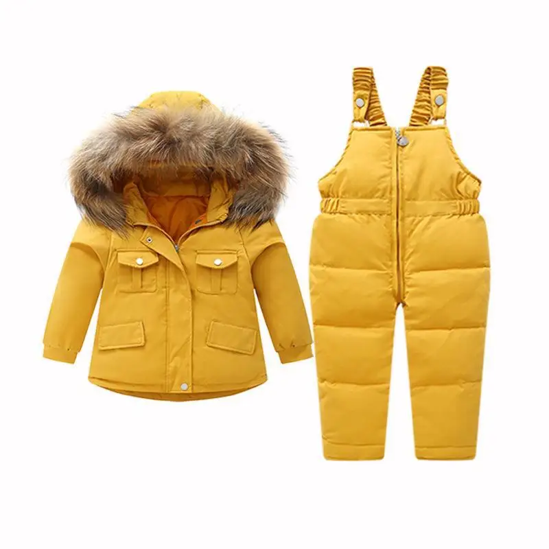 ZOETOPKID Winter Clothes Children Thicken Fur Hooded Jacket+Overalls Suit 2Pcs Kids Girls Boys Duck Down Set 2 Piece Set
