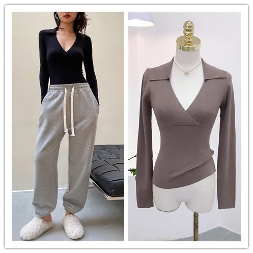 6356 Elastischer, dichter, sexy, süßer, würziger Umlegekragen, Kreuzwickel-Brust, schmale Passform, tiefer V-Ausschnitt, Strickpullover