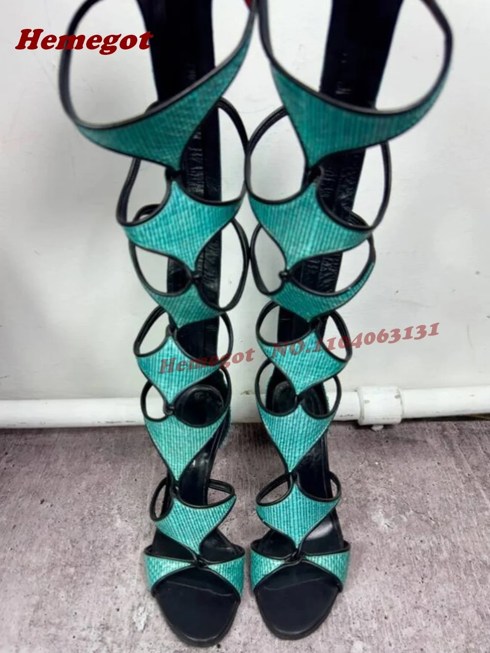 Turquoise Lizard Print Gladiator Heels Hollow Out Stiletto Heels Women's Sandals Patchwork Summer Runway Shoes Concise Elegant view 5