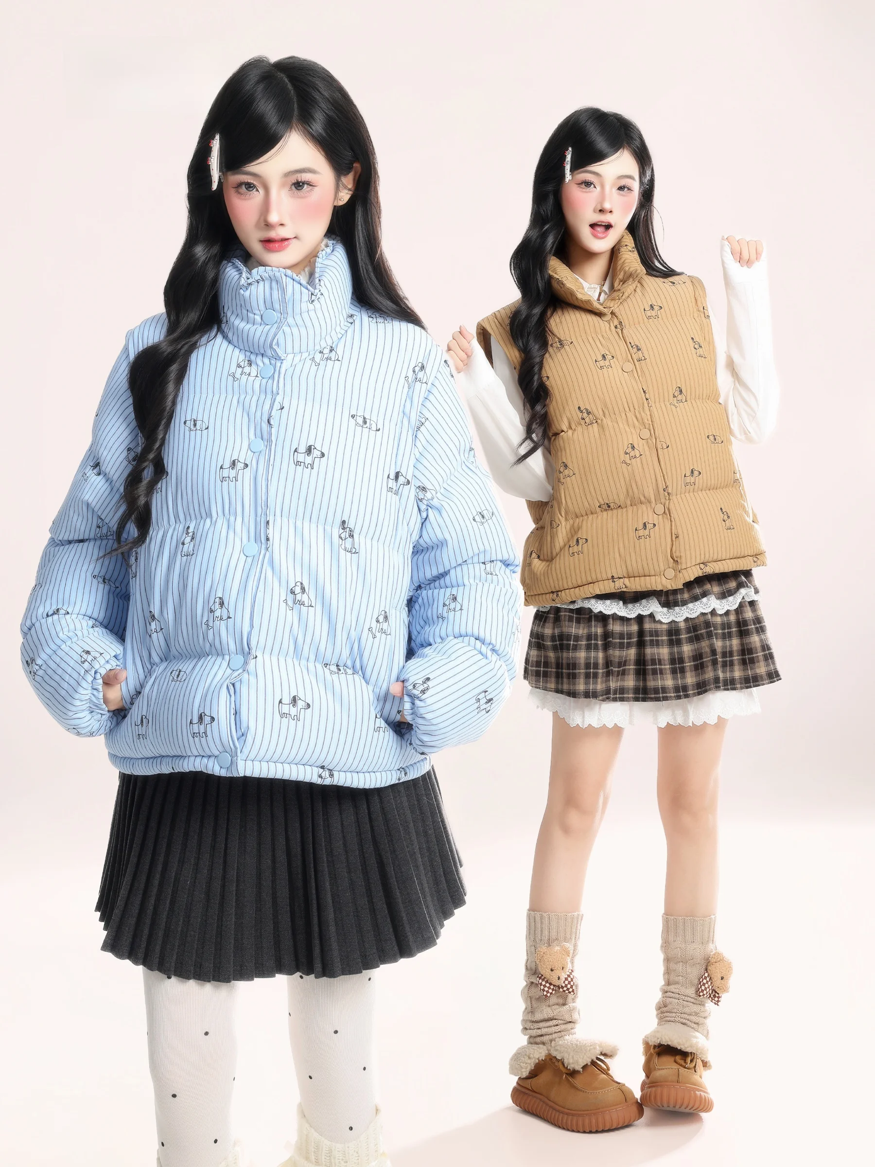 

HM Cartoon Print Detachable Sve Two-Way Wear Cotton Jaet Women's Winter Loose Casual ort Vest Outerwear Trendy