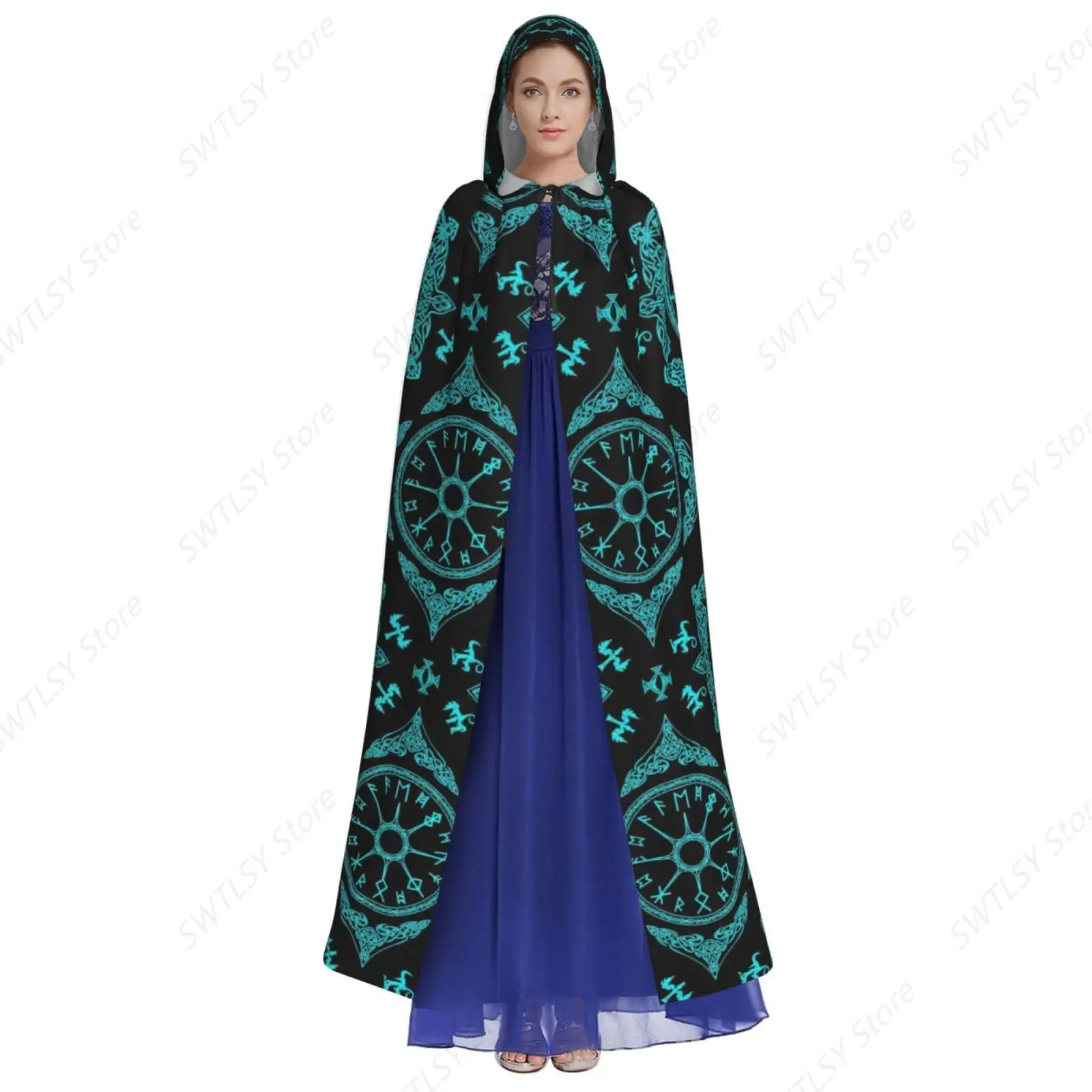 Halloween  Rune Compass Ancient Costumes Cosplay Women Men Hooded Party Cloak Dress Witch Cape