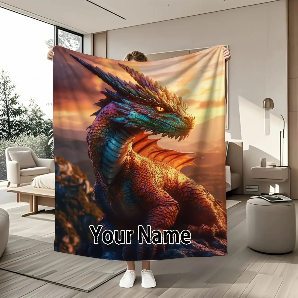 

Customized 1pc blanket with customizable dragon pattern flannel blanket suitable for living room picnics, Christmas, Halloween