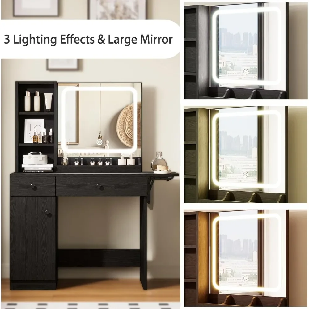 [عرض ساخن، عرض لفترة محدودة! ]مكتب زينة لغرفة النوم باللون الأسود مع مرآة LED ومخرج طاقة، كامل مع أدراج وكابينة تخزين