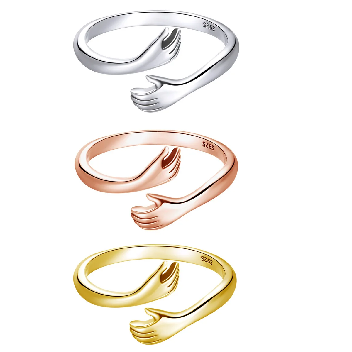 LAYA 925 Sterling Silver Hug Open Ring Warm Love Hand Adjustable Glossy Ring for Women, Big Loving Family Party Couple Gift