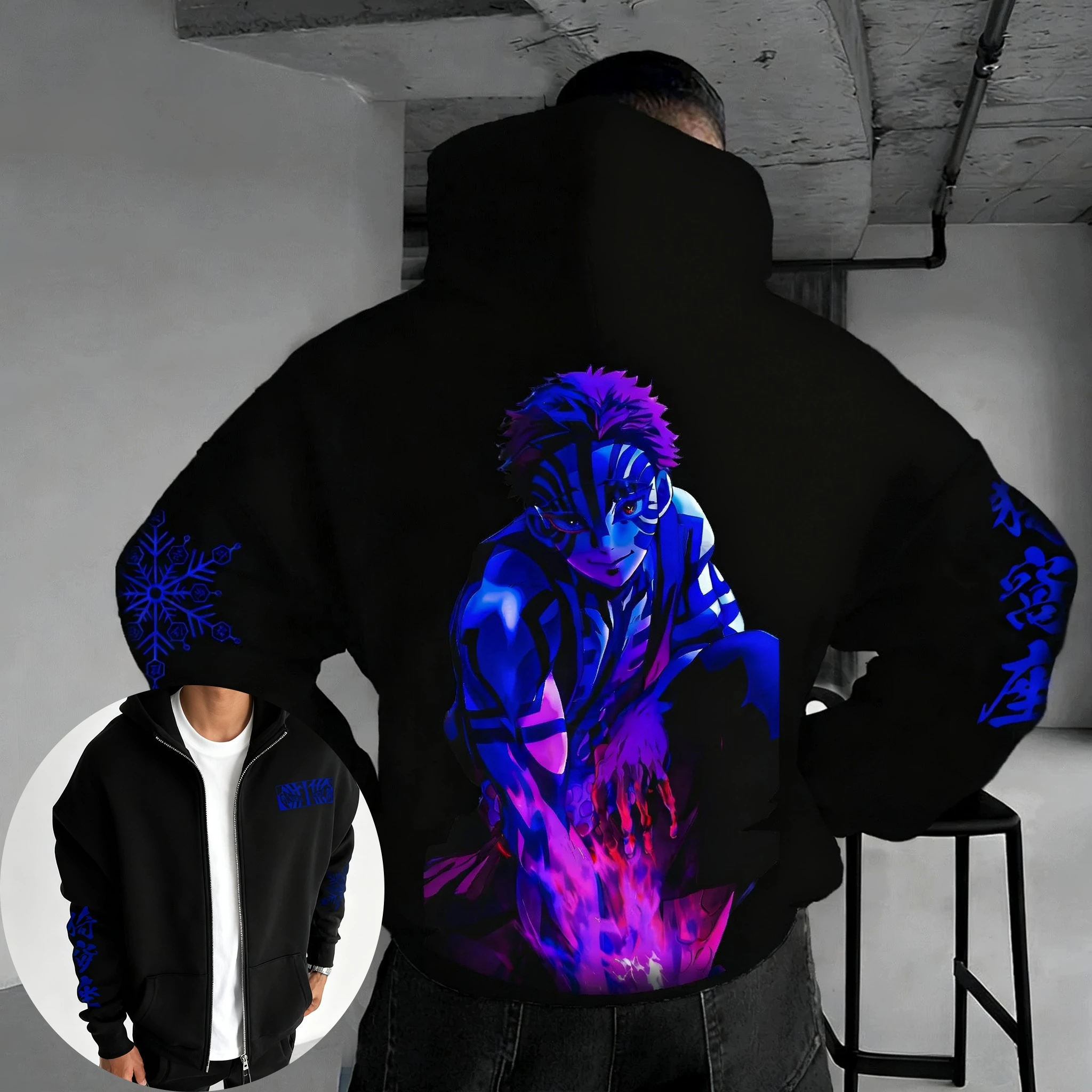 

Demon Slayer Anime Akaza Printed Zipper Hoodie 2025 Men's Autumn/Winter New American Street Hip Hop Y2K Loose Casual Sweater Top
