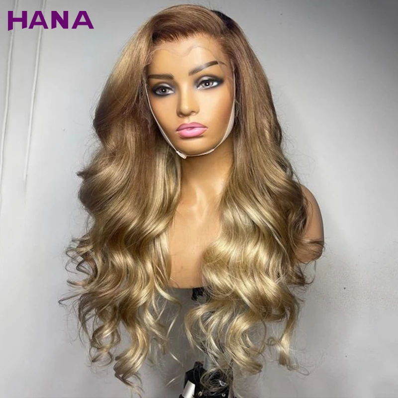 Peluca de cabello humano con encaje Frontal transparente, pelo rubio ceniza degradado con raíces marrones de color 13x6, onda prearrancada corporal,