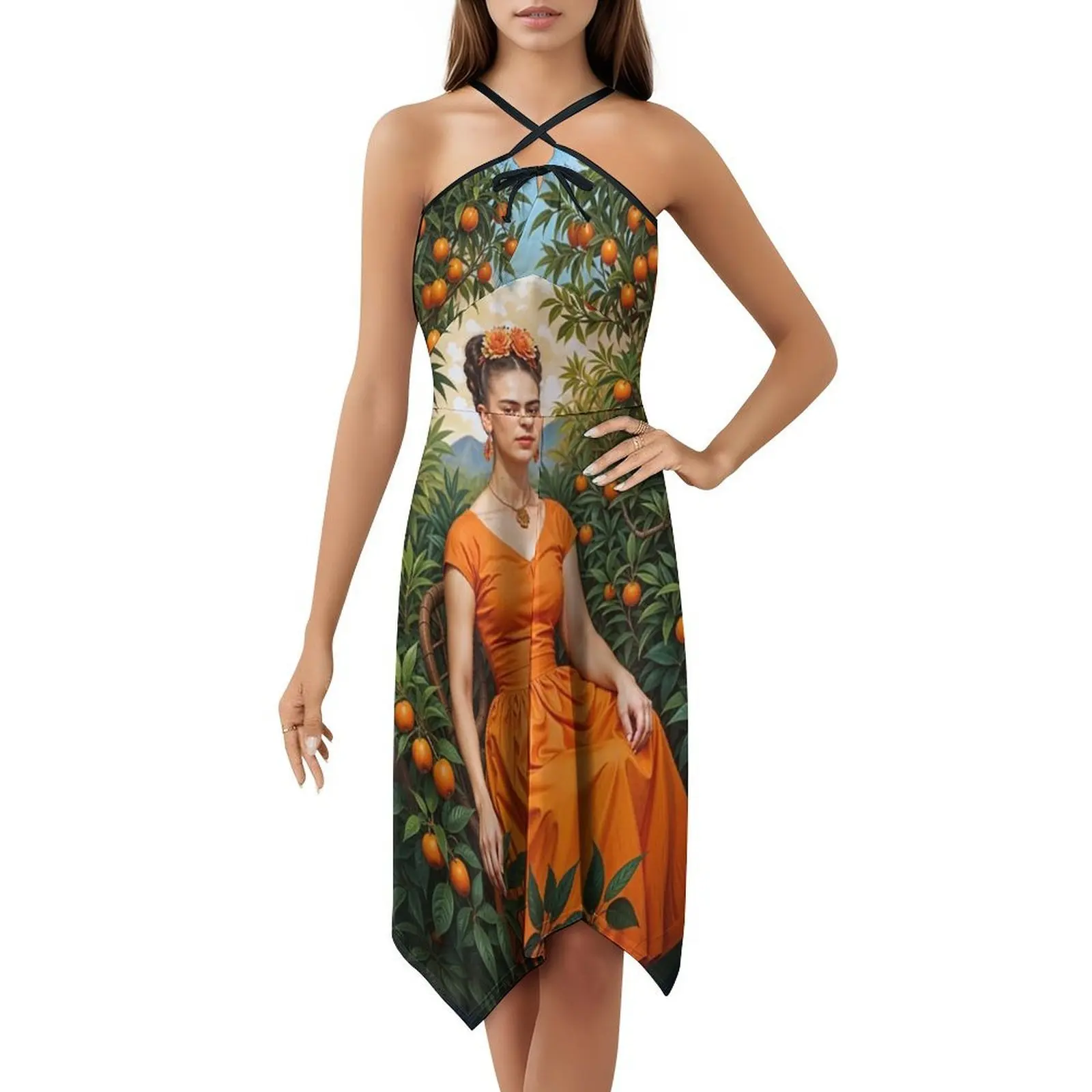 فستان بوهيمي محاط بشجرة برتقالية بدون أكمام متعدد الطباعات لحفلات عطلة الشاطئ برتقالي كاهلو فن شجرة برتقالية #5