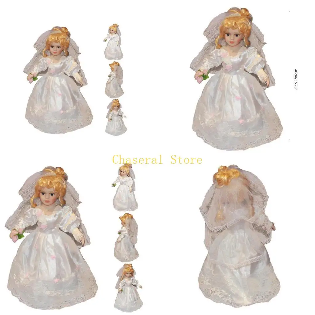 

E7CE Toy Doll Bride Porcelain Doll Blond Girl White Dress Photography Decorations