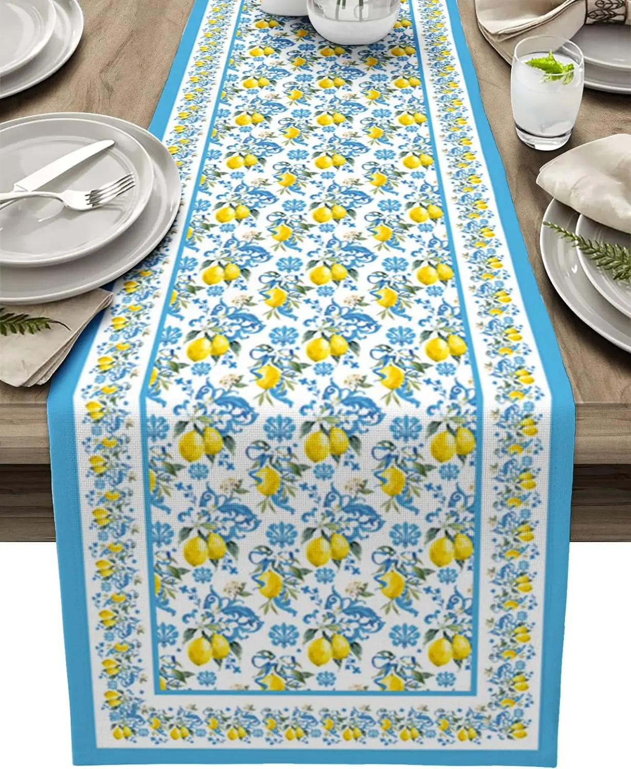 Summer Lemon Blue Yellow Linen Table Runner Dresser Scarves Reusable Kitchen Dining Table Runner Holiday Party Decorations