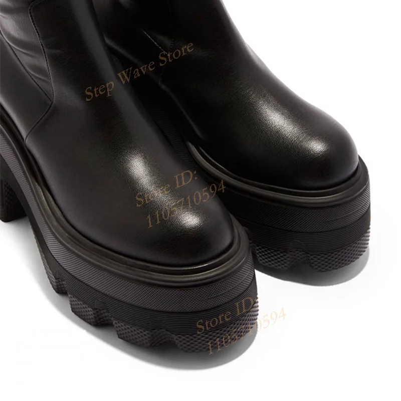 Thick Sole Black Matte Leather Ankle Booties Round Toe Chunky High Heel Slip On Runway 2026 Winter Autumn Women Dress Shoes