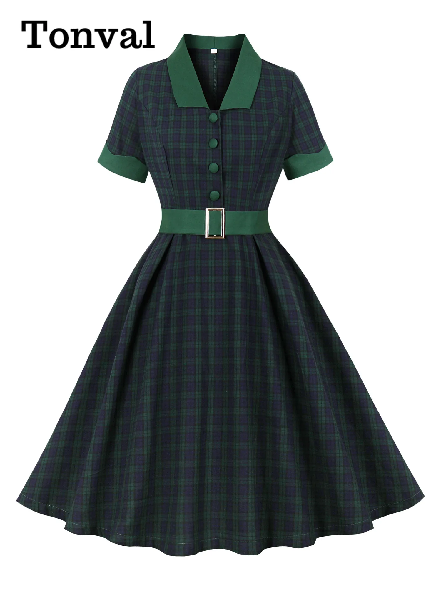 Tonval-Vestido de punho e colarinho de contraste feminino, Vestidos xadrez, Botões, Cintos, Algodão, Pinup, Elegante, Vintage, Anos 40, Anos 50