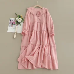 Spring Sweet Solid Embroidered Lapel Cotton Dress Women Casual Pockets Long Sleeve Midi Dress WH0319-03