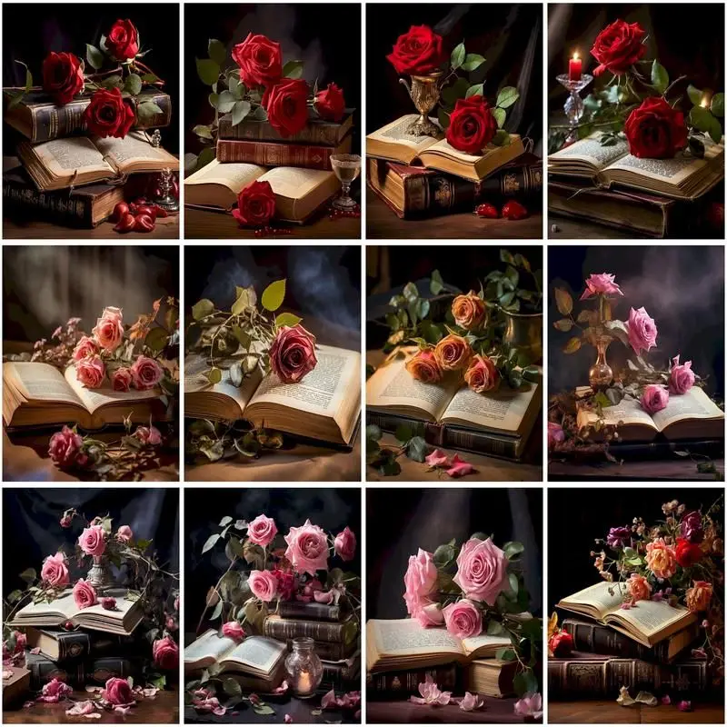 

CHENISTORY 5D Diamond Painting Roses on Books Kits DIY Diamond Embroidery Cross Stitch Flower Mosaic Decor For Home