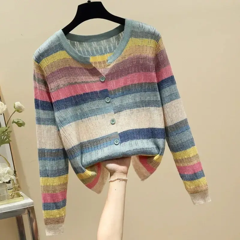 Rainbow Striped V-Neck Knitted Casual Chic Long Sleeve Women\'s Cardigan Single Breasted Sweater Cardigan For Women Clothing 2024