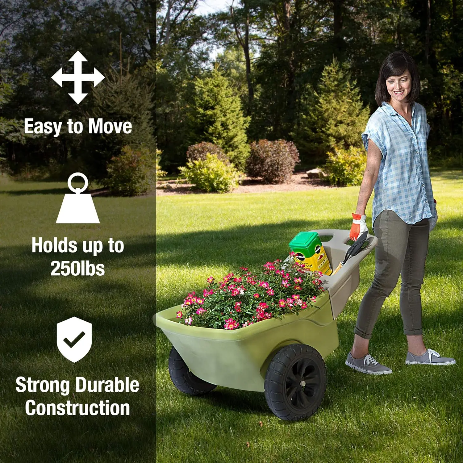 Easy Haul Wheelbarrow with Garden Tool Storage Tray Durable Heavy-Duty Plastic Wheelbarrow with Large Easy Turn Wheels