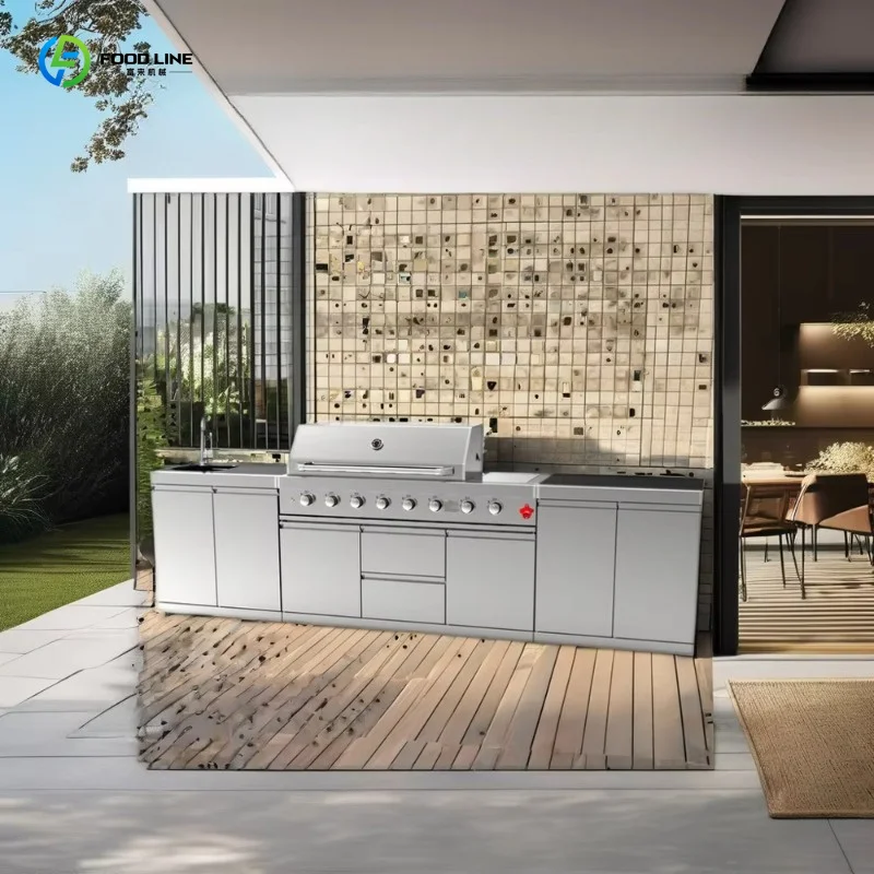 Custom Freely Combined 304 Stainless Steel Outdoor Kitchen With Built-in Refrigerator And Preparation Sink