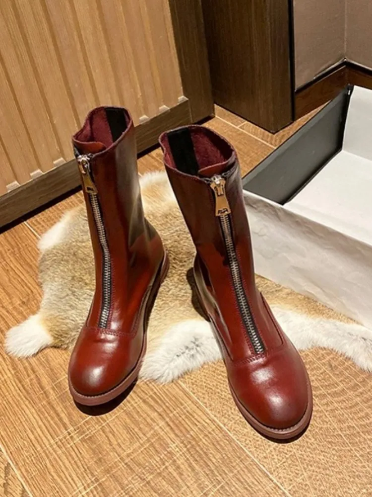 Street Style Front Zipper Genuine Leather Ankle Boots Women Vintage White Flat Boots Spring Autumn Thick Heel High Top Shoes