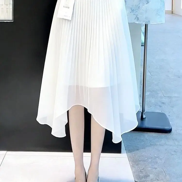 White pleated skirt women's 2026 summer new high-waisted thin irregular drape A-shaped umbrella skirt