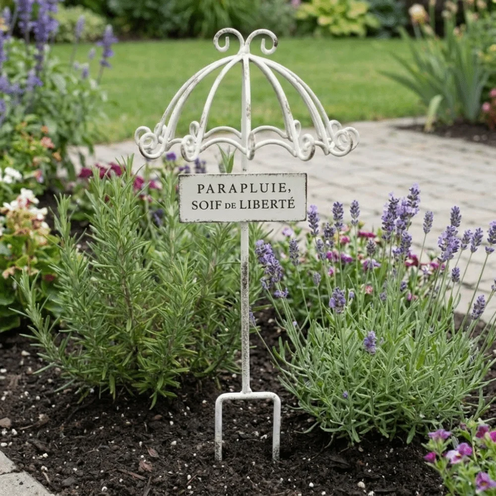 Vintage Ornament Rustic Umbrella Flower Stand Iron Distressed Finish Metal Flower Holder Lace Border Garden Decoration Patio