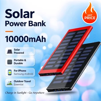 Solar Power Bank 10000mAh Portable Solar Charger External Battery Pack for iPhone Samsung…