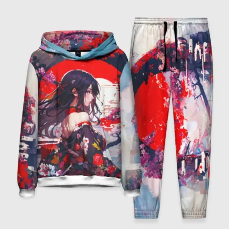 

2025 Anime Style Samurai Girl Men's Hoodie Pants Set 3D Printed Sportswear 2-piece Set Women's Sportswear Set