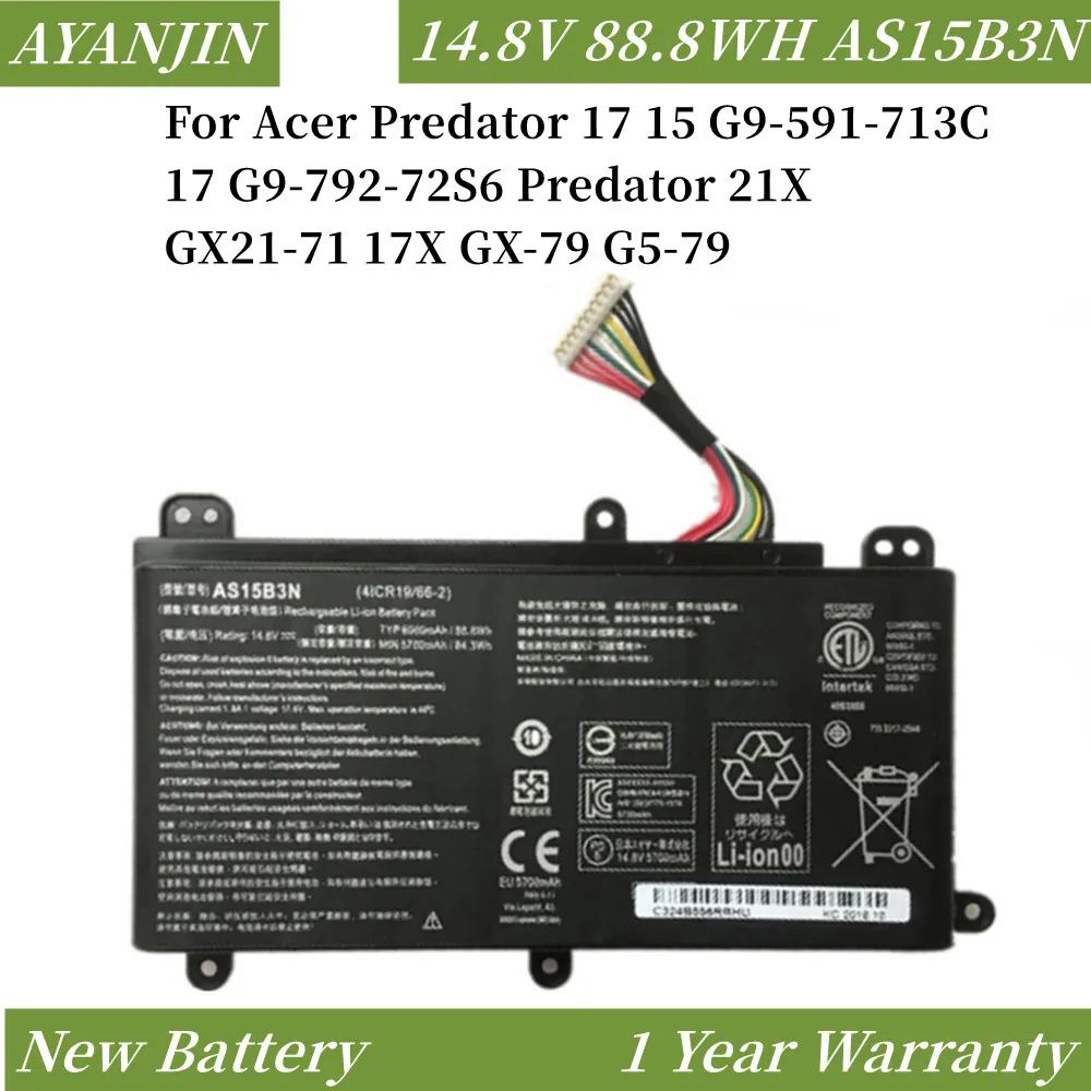 

AS15B3N 14.8V 88.8WH Laptop Battery for Acer Predator 17 15 G9-591-713C 17 G9-792-72S6 Predator 21X GX21-71 17X GX-79 G5-79