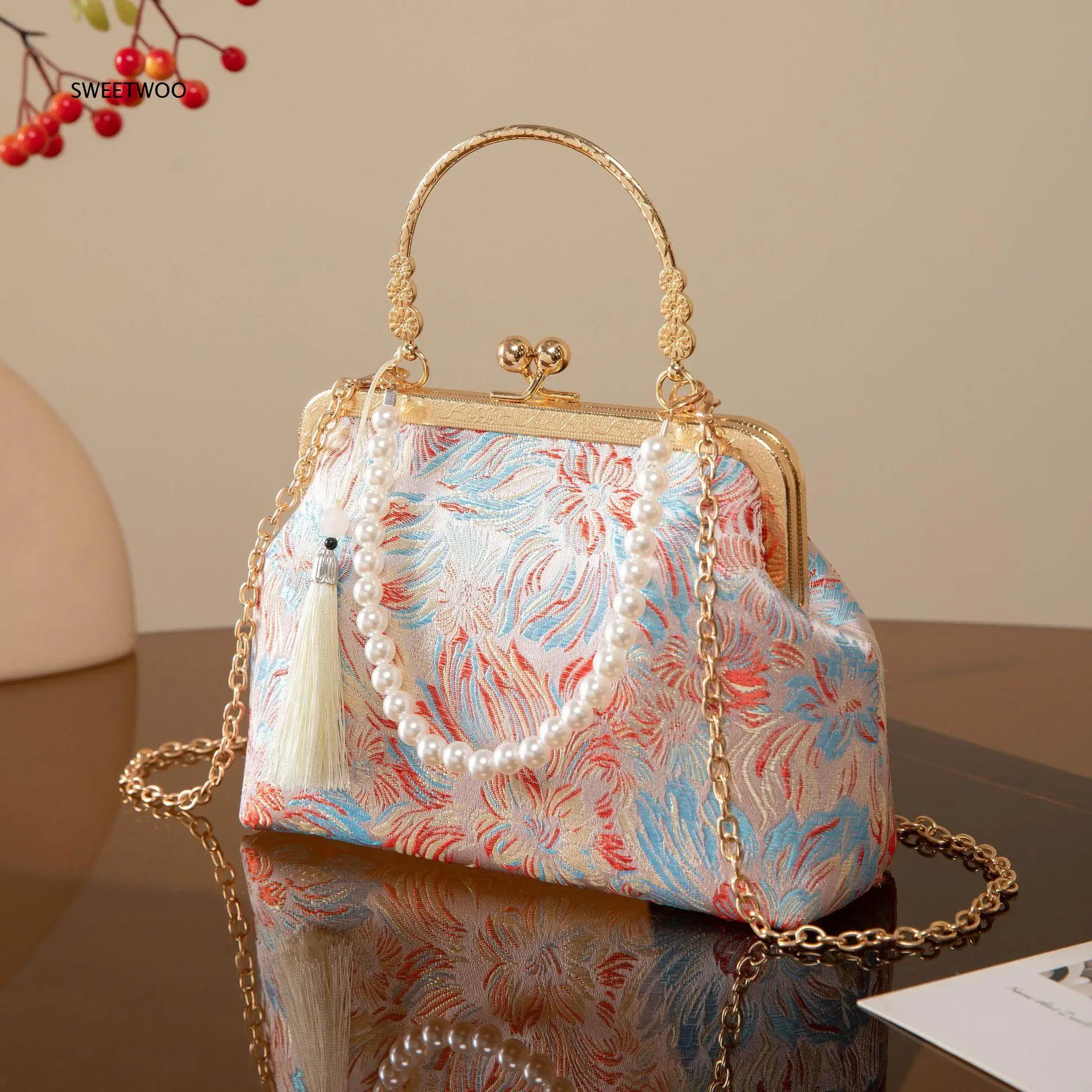 Women Vintage Floral Brocade Handbag Chain Strap Evening Bag Chinese Style Crossbody Purse Party Clutch