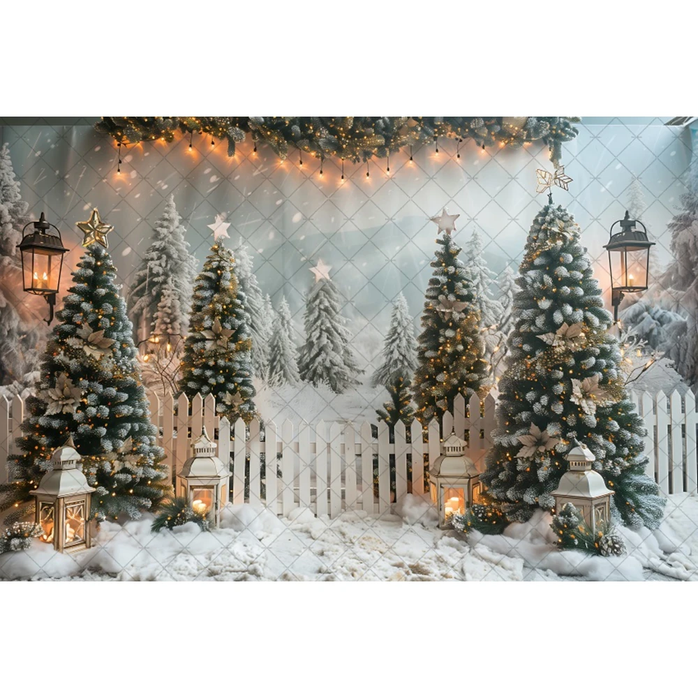 Winter Christmas Background Pine Trees Lanterns Wooden Fence Evergreen Branches Snowflake Baby Family Background Photo Studio