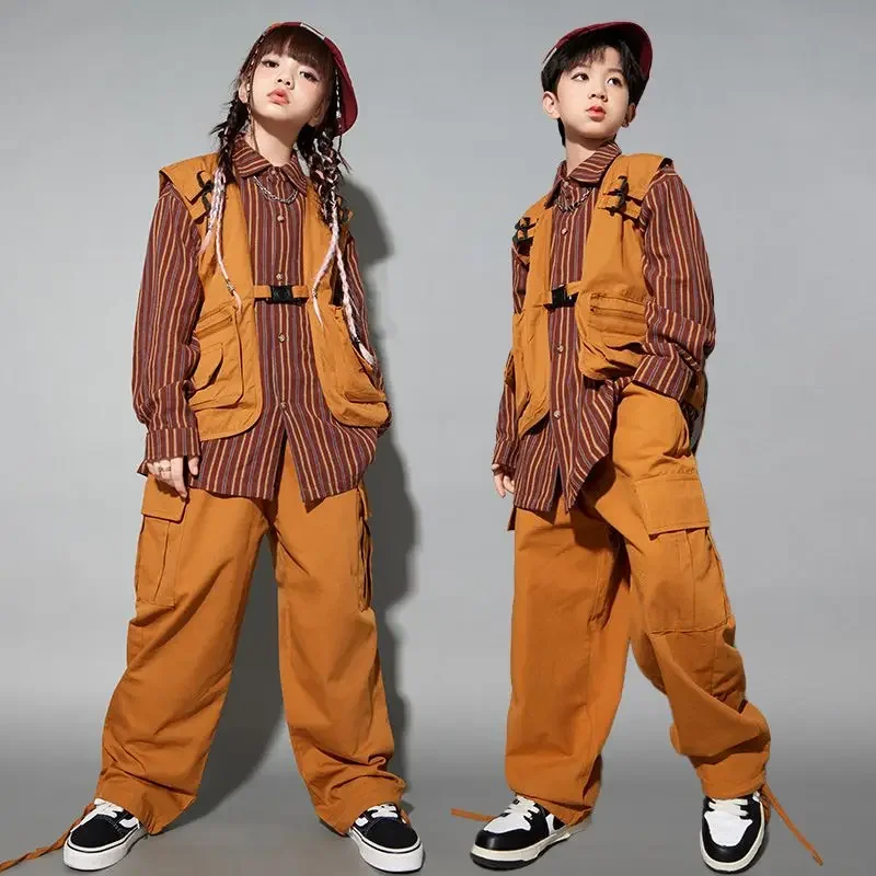 

Child costume For Kids Stripe Shirt Brown Vest Hiphop Pants Suit Girls Jazz Dancing Outfits Boys Streetwear