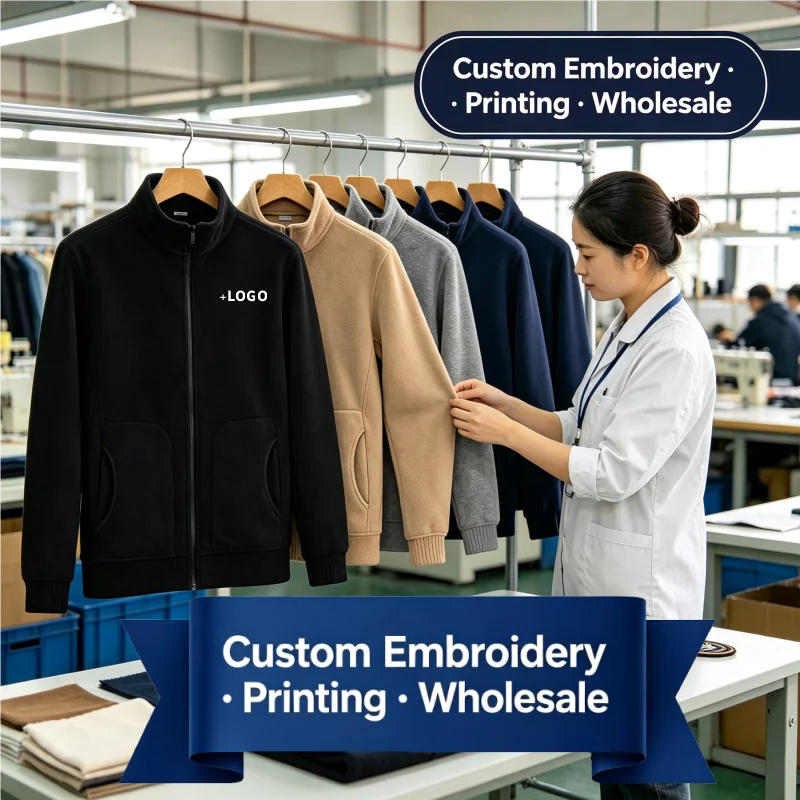 Wholesale Custom Embroidery Fleece Jacket Zipper Up Stand Collar Warm Soft Fleece Men Women Bulk Jacket Coat
