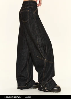 กางเกงยีนส์ทรงคาร์โก้สีดำแบบกอธิคสำหรับผู้หญิงกางเกงยีนส์ทรงแบคกี้วินเทจ Y2k ฮาราจูกุกางเกงยีนส์ขากว้างสวยงามยุค90s เสื้อผ้า2000s 2024