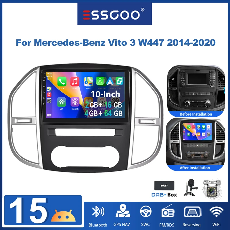 ESSGOO 10-Zoll Android 15 2+16G/4+64G Autoradio für Mercedes-Benz Vito 3 W447 2014-2020 mit Wireless Carplay, Android Auto, GPS-Navigation, RDS, FM, WLAN, Bluetooth, Mirror Link, Lenkradsteuerung,
