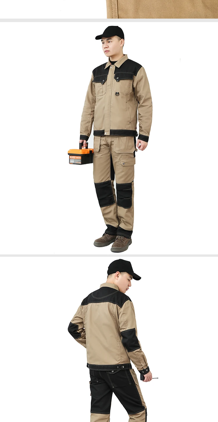 Workwear Men Jacket Khaki Work Jacket COveralls Multi-pockets Wear-resistant Working Cargo Pants Men\'s workwear with Knee Pads