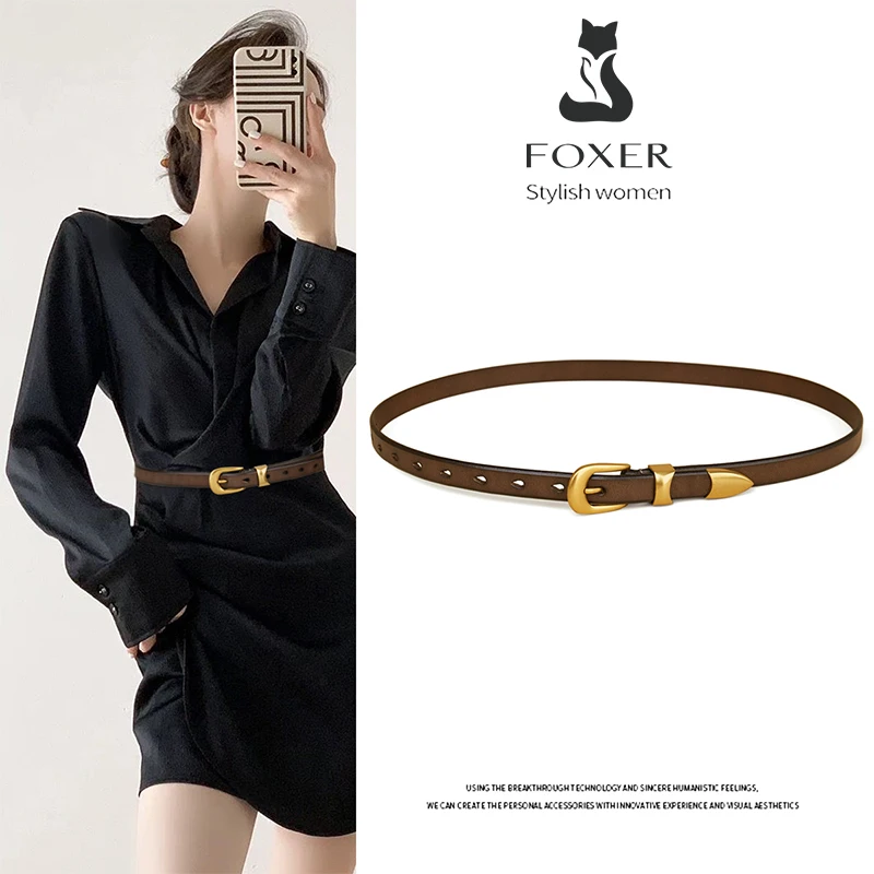 FOXER Fashion Thin Belt Lady Korean PU Leather Adjustable Metal Buckle Belts Women Alloy Buckle Retro Jeans Belt Designer Girdle