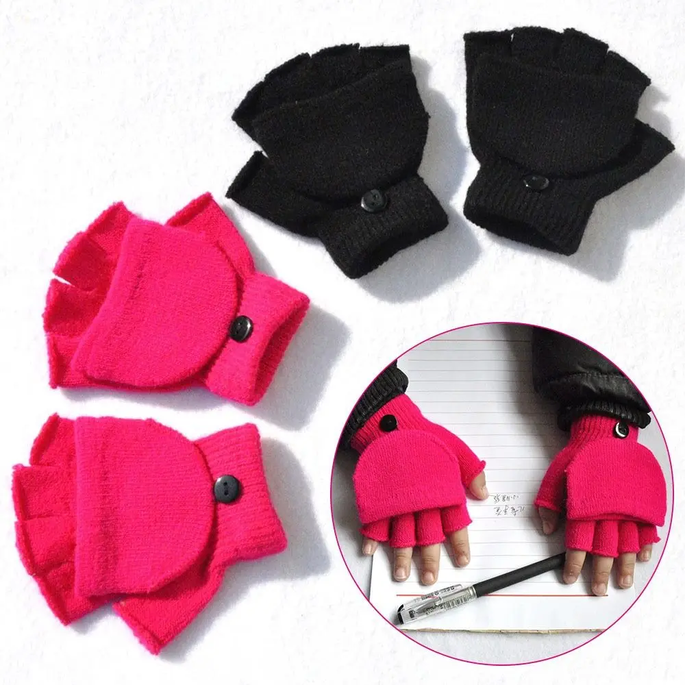 5-11 Years Thicken Kids Knitted Gloves Plus Velvet Warm Winter Warm Mittens Flip-Open Cartoon Fingerless Gloves for Baby Kids