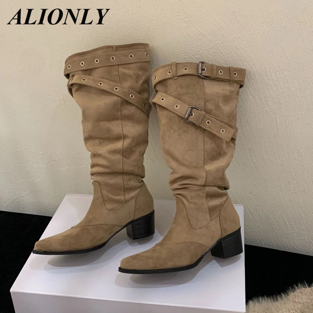 

Alionly/2026, новые зимние сапоги до колена, женская модная удобная обувь с острым носком на низком каблуке и молнией, элегантная удобная обувь с пряжкой и ремешком