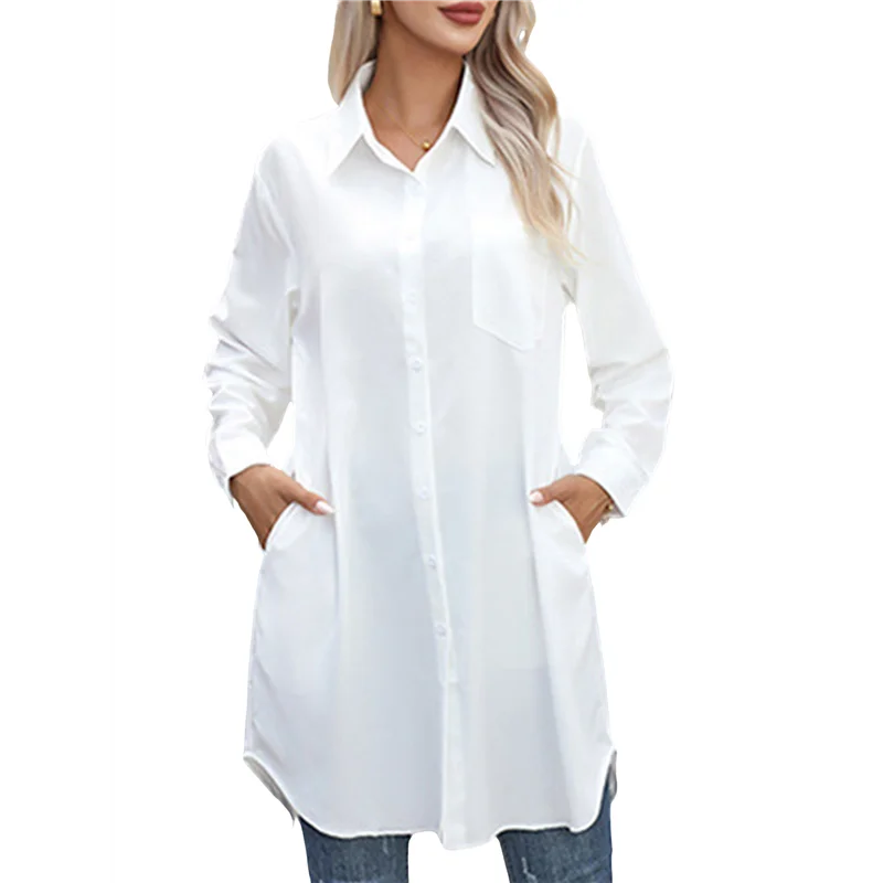ABP-Mini abiti a camicia casual da donna con colletto a V e bottoni larghi a maniche lunghe