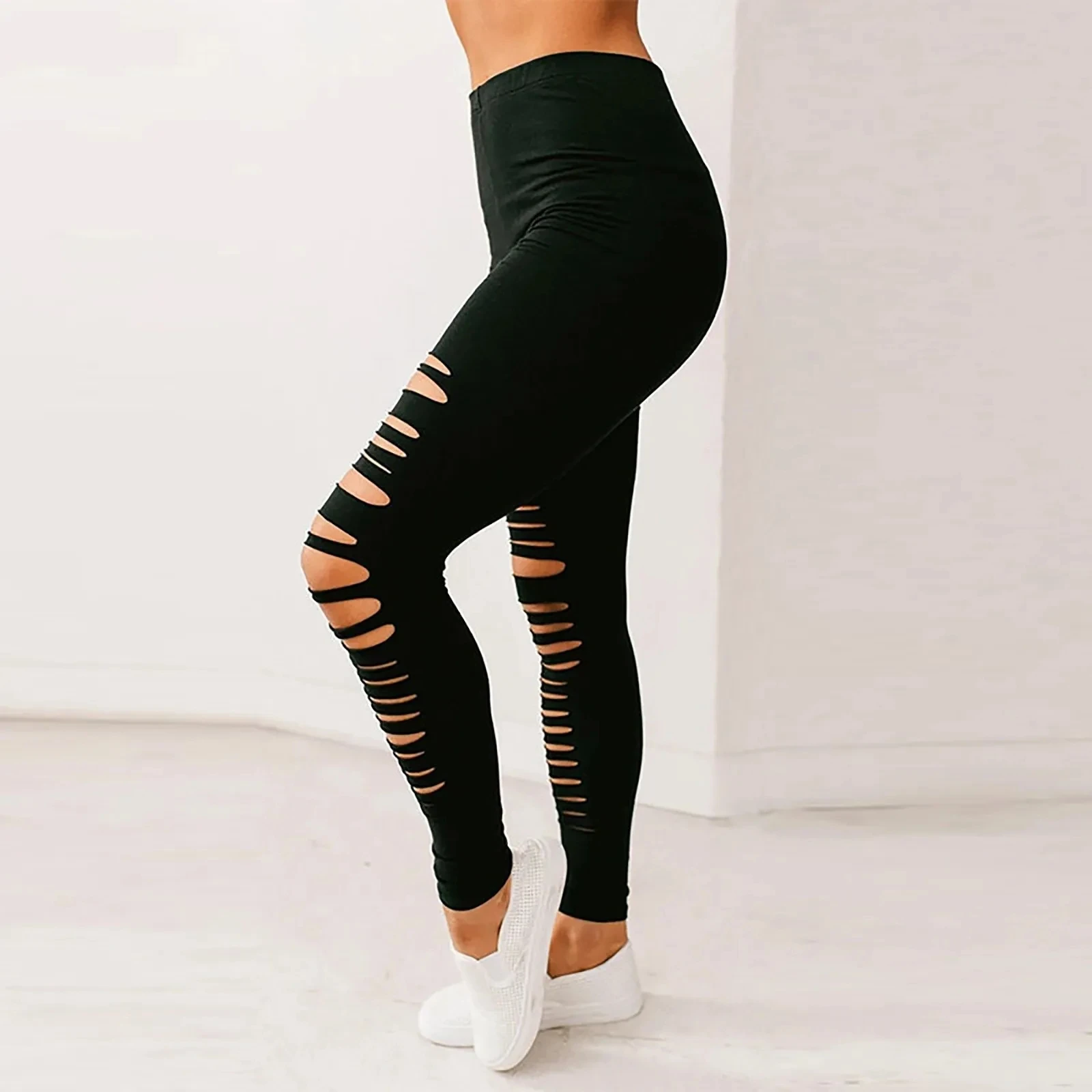Black Solid Leggings Women Summer Sexy Hollow Out Hole Ripped Leggings Fashion Elastic Stretch Slim Casual Pants Skinny Trousers