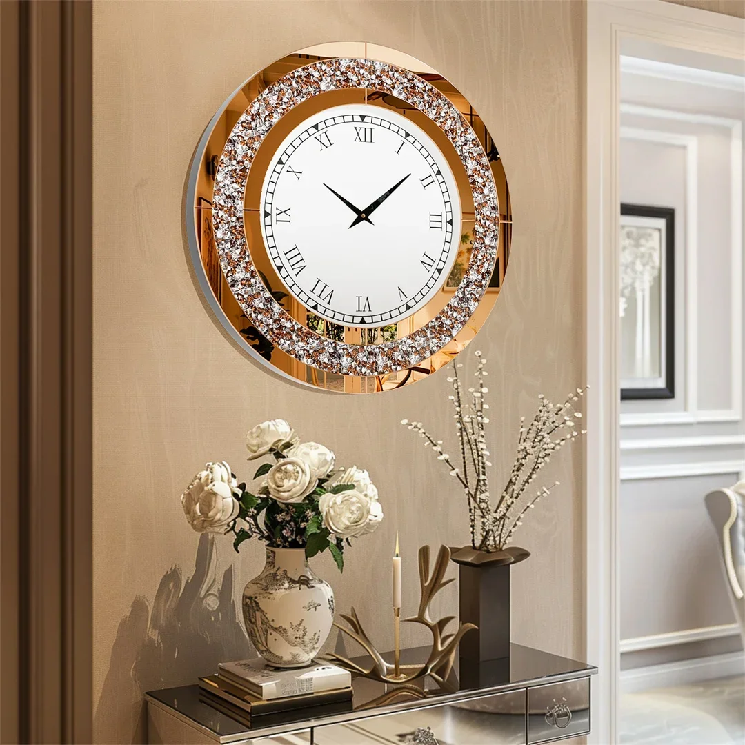 Wall Clock Mirror Clock Sparkle Bling Round Diamond Wall Clock with Silver Tawny Tinted Crystal Crushed