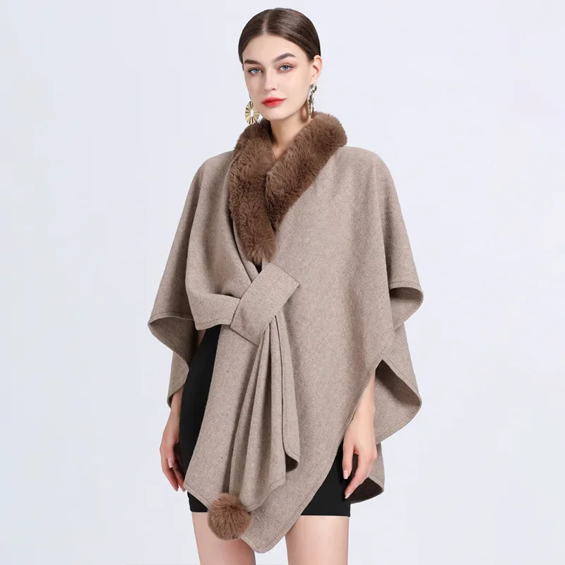 12 Colors Winter Knitted Women Faux Fur Neck Poncho Cloak Fashion Criss-Cross Outside Cape Woolen Streetwear Shawl Oversize Coat